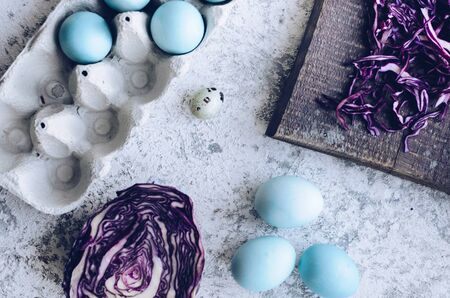 Dyed blue Easter eggs painted with natural dye red cabbage on grey concrete background. Process of dyeing eggs with natural paints for Easter. Natural ecological staining with food coloring. Top view.の写真素材