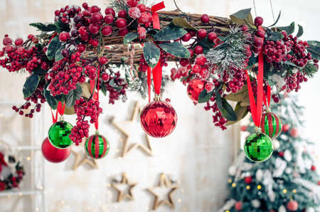 Beautiful holiday decorated room with Christmas tree. Merry Christmas concept. Seasonal greetings card. Happy holidays.の写真素材