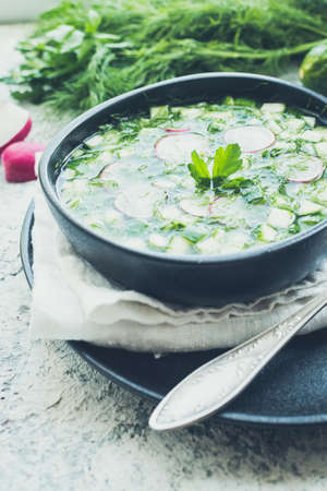 Okroshka. Traditional cold russian summer soup with radish, cucumber and dill.の写真素材