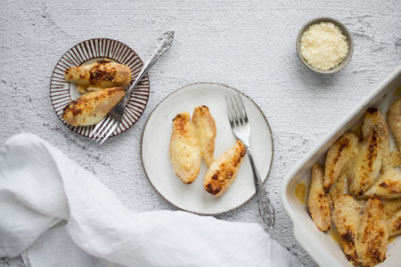 Pears baked with Parmesan. Healthy fats, clean eating for weight loss. Homemade baked pears with cheese. Recipe appetisers idea. High quality photo.の写真素材