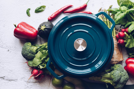 Cast iron pot and vegetables on rustic table. Homemade food, cooking, vegetarian conceptの写真素材