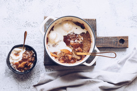 Apple cobbler in cast iron casseroleの写真素材
