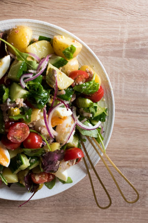 Nicoise Salad - French style salad with eggs, tuna, tomatoes, green olives, potatoes, green beans and cucumberの写真素材
