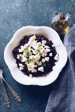 Healthy salad with beet root, feta cheese and parsleyの写真素材