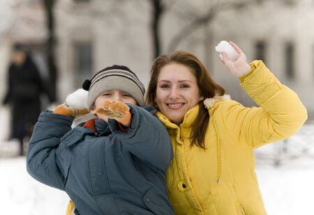 Mum and the son on walk. A portraitの写真素材