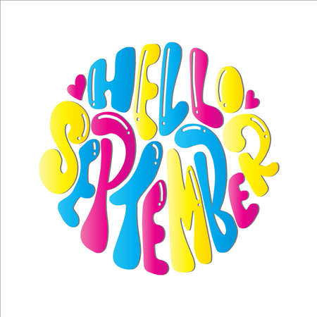 Hello September. Hand Drawn Illustration. Hand Lettering For note books, journal, diary, Greeting Cards, Apparel, Prints, and Invitation Card.のイラスト素材