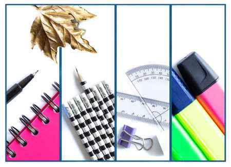 Colorful collage of school, office supplies, stationery. Images of spiral notebook, organizer pencils, highlighters and golden leaf is symbol of autumn fall on the top. Back to school conceptのeditorial素材