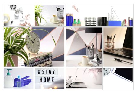Collage of home office photos during self isolation and antibacterial accessories. Stay at home conceptの写真素材