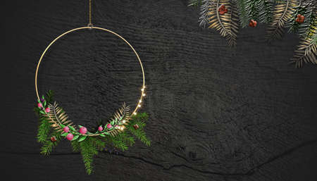 Christmas Wreath on wooden background Elegant floral design of Wreath with lights over rustic grunge wooden background. Greeting, 2021 invitation, flyer, cover. Place for text, mockup. 3D illustrationの写真素材