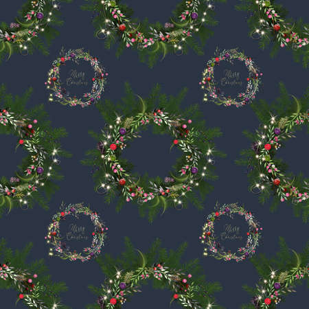 Christmas seamless pattern. Bright Christmas wreath on black background with gold text for Christmas holiday season designの写真素材