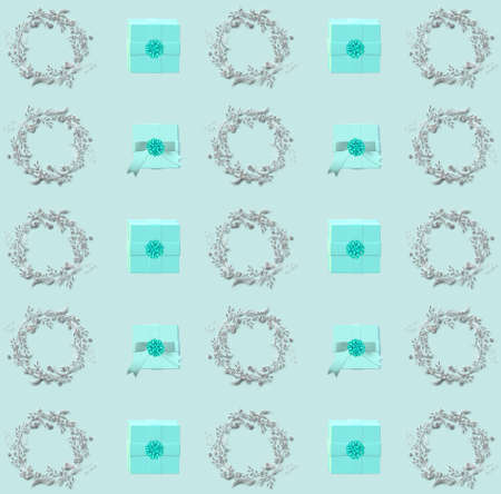 Romantic seamless pattern with baby blue gift boxes, silver wreath. Christmas, New Year, Valentines,...