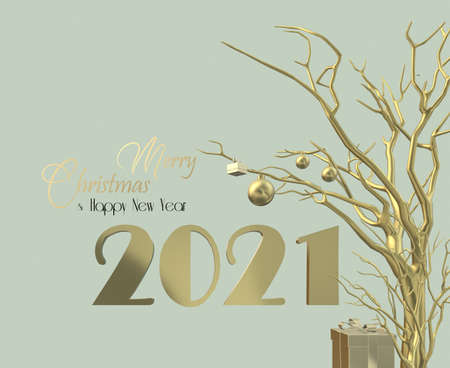 Happy New Year 2021 design. Gold arrangement of digit 2021, Christmas decoration hanging on gold...