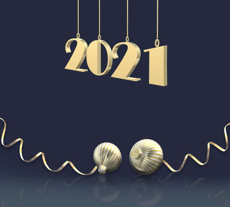 2021 New Year gold realistic background. Gold shiny digit 2021, gold ball bauble, confetti over...