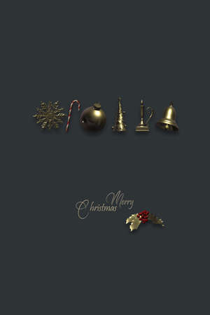 Christmas background with gold symbols of Xmas. Snowflakes, candy cane, ball, tree, candle, bell. Shiny gold text Merry Christmas on dark background. 3D render. Place for textの写真素材