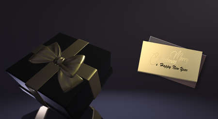 Luxury Christmas banner in black and shiny gold. Gold gift realistic box with bow, text Merry...
