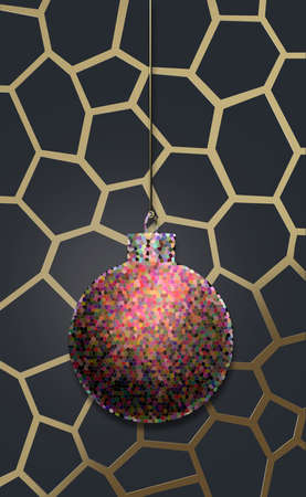 Abstract Christmas background. Christmas ball, mystic light, golden 3D frame on dark background. Minimalist Xmas design for festive card. 3D illustrationの写真素材