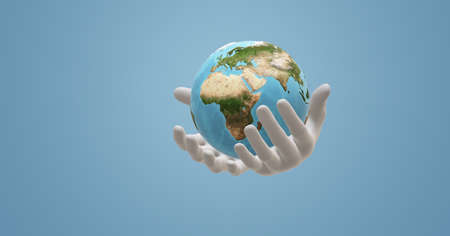 Save the earth, save our planet concept. 3D illustration. Human hands holding globe on blue...