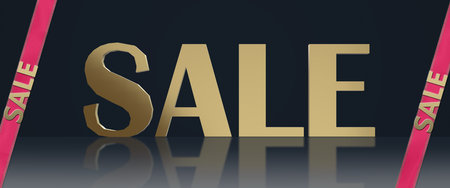 Black Friday Sale with golden word Sale with reflection, pink ribbons over black. 3D illustrationの写真素材