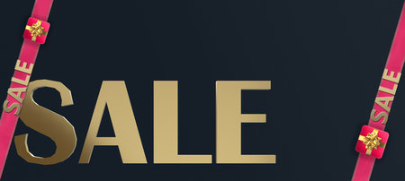 Horizontal Sales banner. Word Sale, pink ribbons on blue black background. 3D rendering. Modern sale backgroundの写真素材