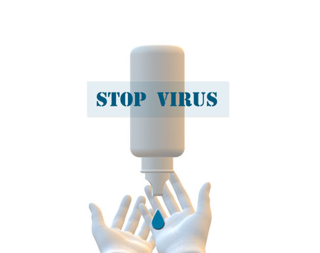 Stop virus, protect yourself. Human hand and sanitiser, sign negative. 3D illustration on white backgroundの写真素材