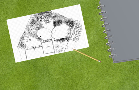 Landscape garden sketch with pencil, notepad on a green lawn background. 3d render