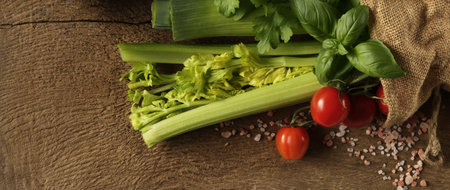 Rustic background with freshly picked vegetables, canvas bag on old wood background. Fresh Tomatoes, basil. Horizontal rustic backgroundの写真素材