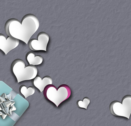 Elegant modern unusual love card, paper hearts, gift box on grey pastel background. 3D illustration....