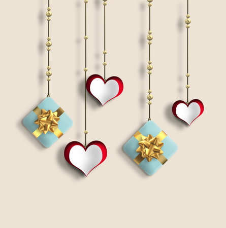 Pretty love card, Valentines card with hanging hearts. gift boxes. 3D Illustrationの写真素材