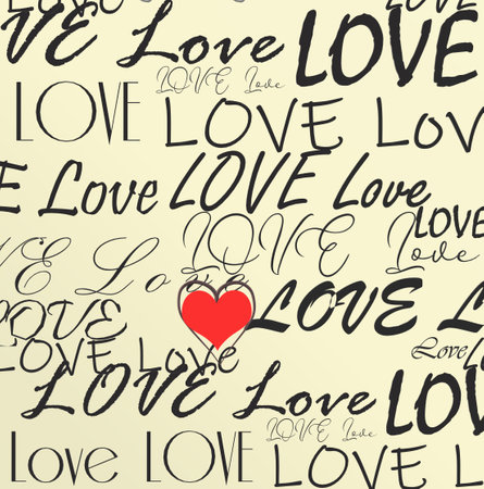 Love words red heart on yellow retro vintage style background. Valentines day, birthday card. 3D illustrationの写真素材