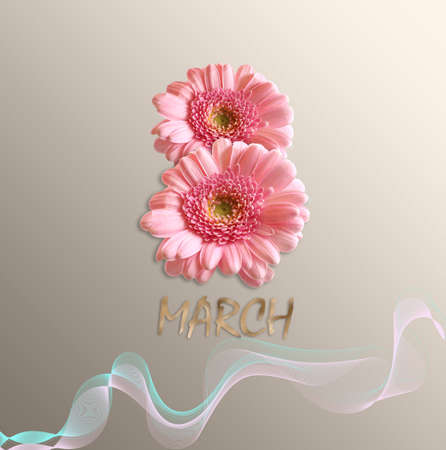 8th March, Womens day design of pink flowers gerbera. Gold text March on pastel gold backgroundの写真素材