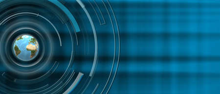 Abstract techno background. Globe, sphere shape on blue techno background. Global Network connection, futuristic earth globe. Planet concept. Science and technology background. Illustrationの写真素材