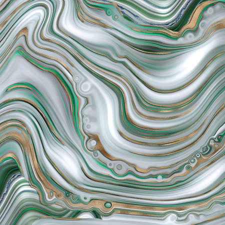 Abstract Agate marble background. Turquoise fluid marbling effect, gold vein. Wavy marbling fluid design in turquoise green grey pastel colours, gold curves. Beautiful elegant design. Illustrationの写真素材