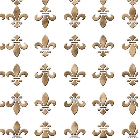 Seamless background with lily fleur de Lis. Gold pattern with heraldic symbol fleur-de-lis on white. Modern abstract pattern. 3D Illustrationの写真素材