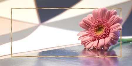 Beautiful pink flowers on pastel abstract background. spring summer gerbera flower in gold frame. Mock up. Place for textの写真素材