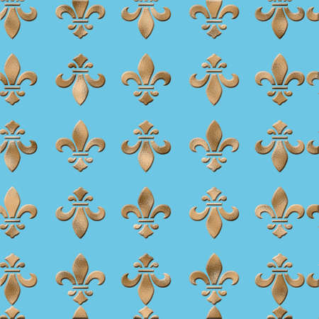 seamless golden lily fleur-de-lis pattern on turquoise blue background. Luxury design, print, poster, wallpaper, gift wrapping. 3D illustrationの写真素材