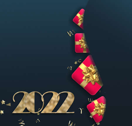 Christmas New year 2022 greeting. Red 3D realistic gift boxes, gold digit 2022, gold text Merry...