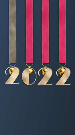 2022 New Year Christmas festive design. Hanging on pink ribbon golden digit 2022, 3D golden Xmas...