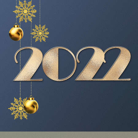 Happy 2022 New Year greetings. Golden digit 2022, Hanging 3D Xmas balls baubles, snowflakes isolated on dark blue. Greetings invitation card calendar advent template. Business card. 3D illustrationの写真素材