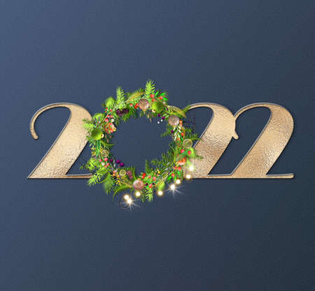 Merry Christmas Happy 2022 New Year. Golden digit 2022, 3D Xmas wreath with Xmas decoration on dark blue. Greetings invitation card calendar advent template 3D illustrationの写真素材