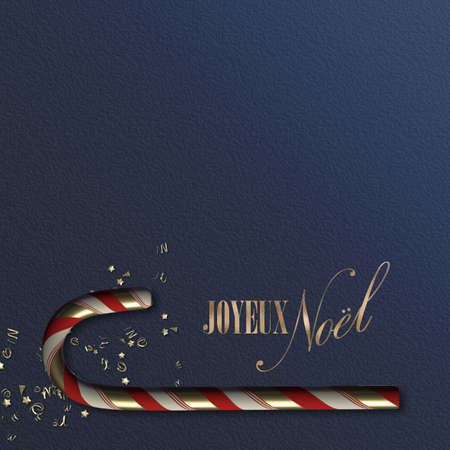 French Christmas card. Text Merry Christmas in French language Joyeux Noel. Xmas card template. Xmas symbol candy cane, golden confetti on dark blue. Luxury design holiday card, poster. 3D renderの写真素材