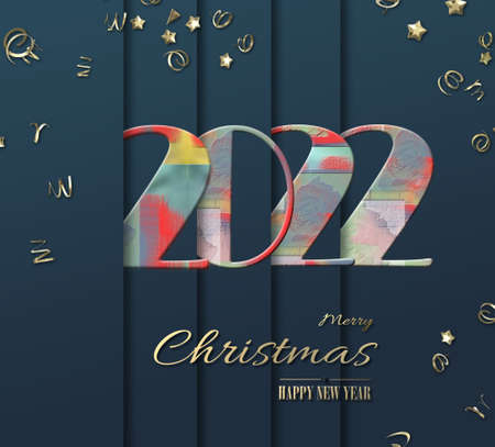 2022 New Year card design. Digit 2022 over blue, gold confetti, gold text Merry Christmas Happy New...