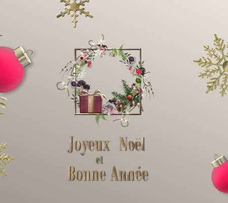 Christmas greeting template in French. 3D realistic Xmas balls, snowflakes, Xmas wreath. Text Merry Christmas Happy New Year in French language Joyeux Noel et Bonne Annee. Place for text. 3D renderの写真素材