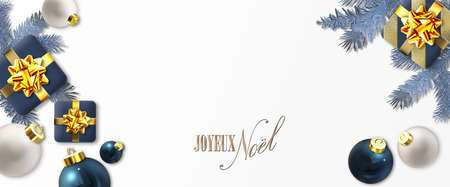 Christmas background on white. Blue white Xmas balls baubles, Xmas gift boxes gold bow on Christmas tree branches. Corporate invitation, holiday card, Flat lay, copy space. 3D renderの写真素材