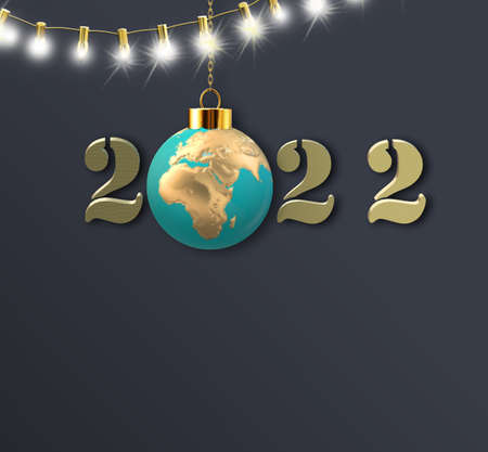 International Christmas 2022 New Year greeting. Hanging 3D ball bauble with symbol of globe planet...