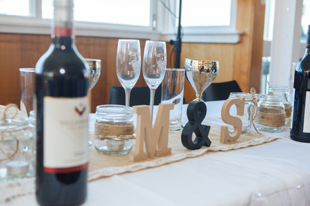 Shot of wedding reception dinner table decorationの写真素材