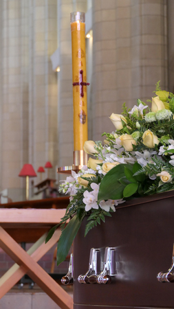 Shot of Flower and candle used for a funeralのeditorial素材