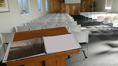 shot of religious chapel or funeral home for funeral service