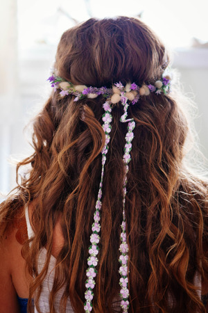 shot of bride beautiful hair do before a weddingの写真素材