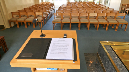 shot of religious christian or catholic chapel and altar for worshippersのeditorial素材
