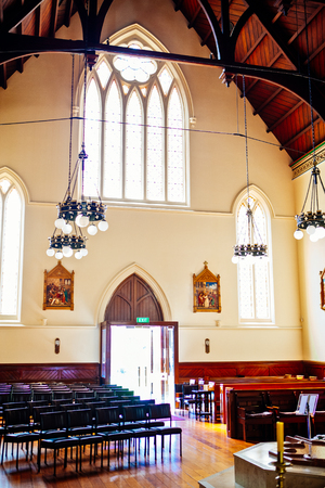 shot of religious christian or catholic chapel and altar for worshippersのeditorial素材